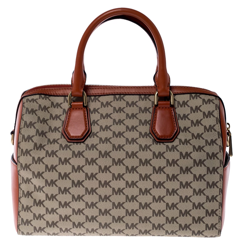 Michael Kors Beige/Orange Signature Coated Canvas And Leather Medium Mercer Duffel Bag For Women - Image 4