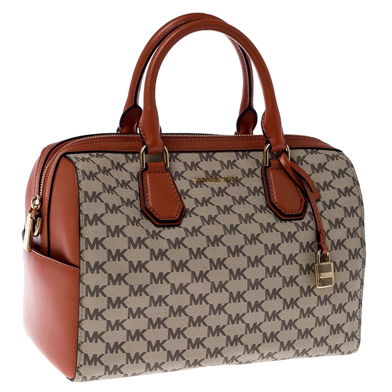 Michael Kors Beige/Orange Signature Coated Canvas And Leather Medium Mercer Duffel Bag For Women - Image 3