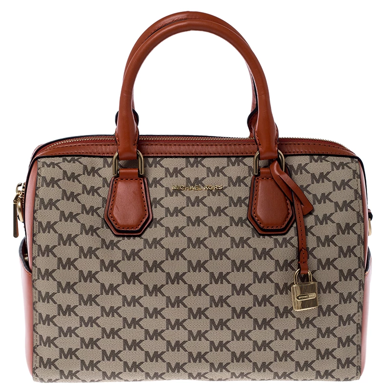 Michael Kors Beige/Orange Signature Coated Canvas And Leather Medium Mercer Duffel Bag For Women