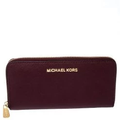 Michael Kors Burgundy Saffiano Leather Zip Around Wallet For Women