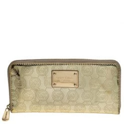 Michael Kors Gold Monogram Patent Leather Jet Set Zip Around Wallet For Women