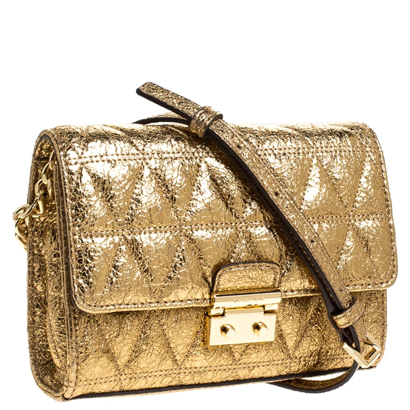 Michael Kors Metallic Gold Quilted Leather Crossbody Bag For Women - Image 3