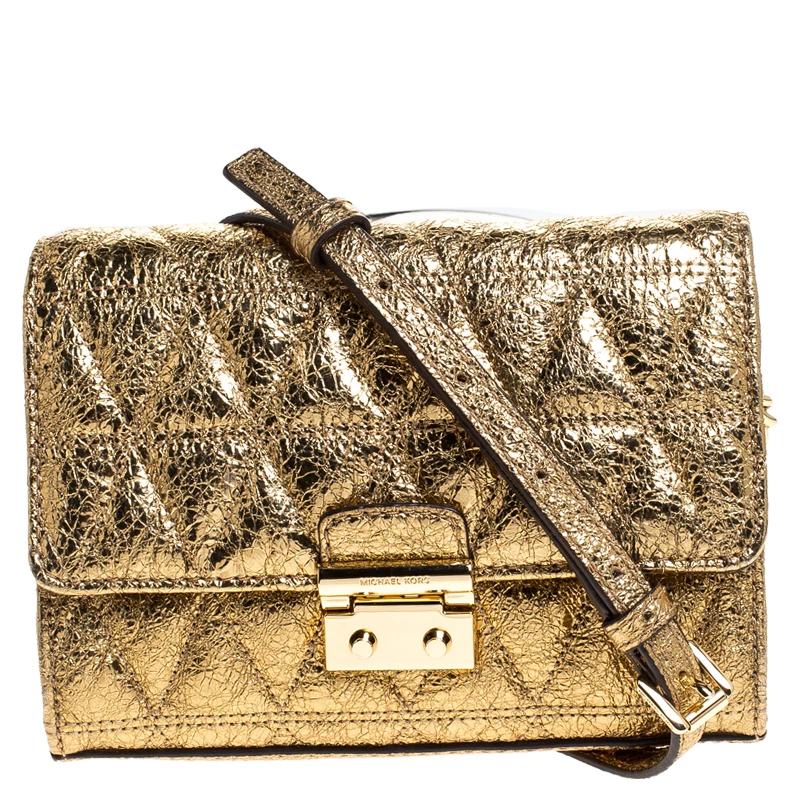 Michael Kors Metallic Gold Quilted Leather Crossbody Bag For Women