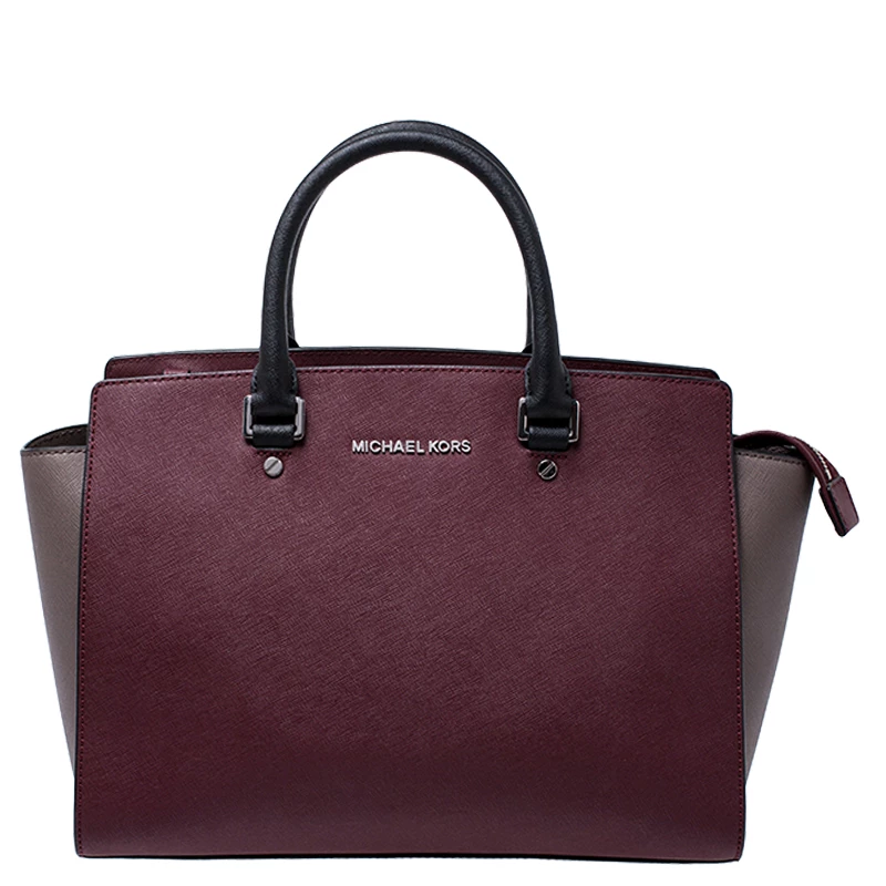 Michael Kors Burgundy/Grey Saffiano Leather Medium Selma Tote For Women