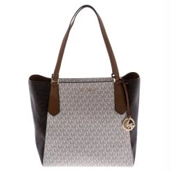 MICHAEL KORS Beige/Brown Monogram Coated Canvas Kimberly Top Zip Shopper Tote For Women