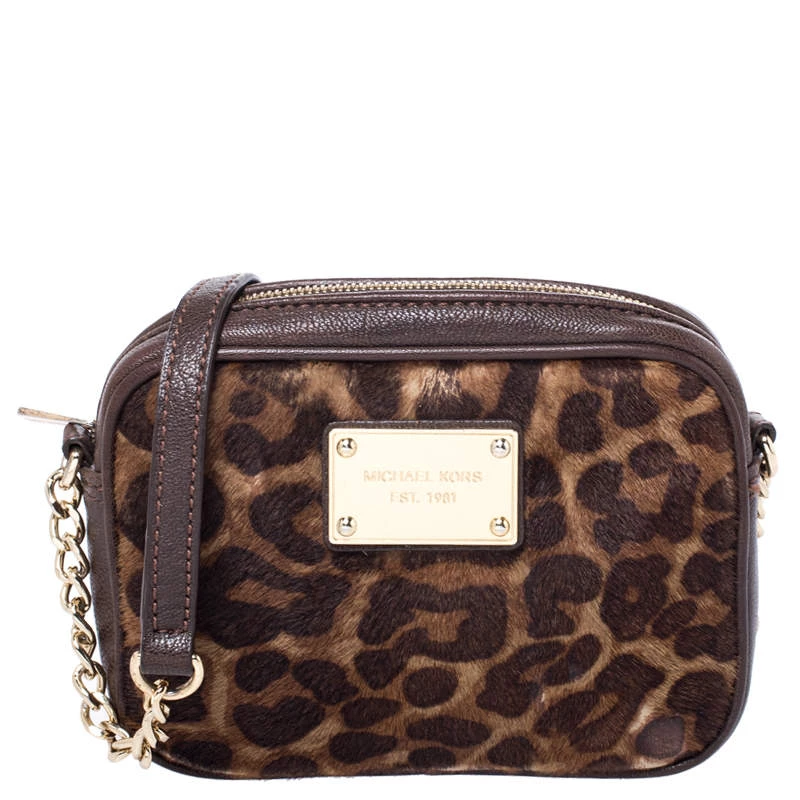 Michael Kors Leopard Print Calf Hair Ginny Camera Crossbody For Women