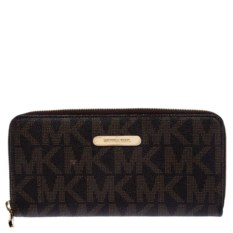 Michael Kors Brown Signature Leather Zip Around Continental Wallet For Women