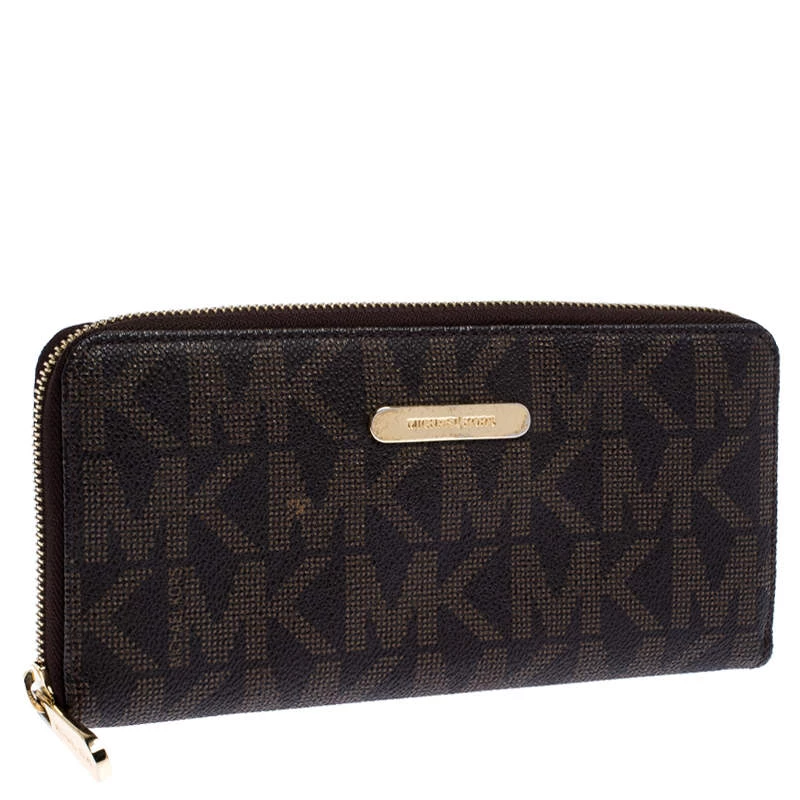 Michael Kors Brown Signature Leather Zip Around Continental Wallet For Women - Image 3