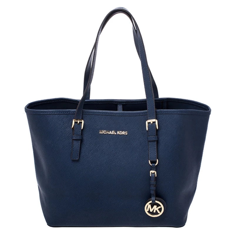 Michael Kors Navy Blue Saffiano Leather Small Jet Set Travel Tote For Women
