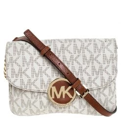 Michael Kors White/Brown Monogram Coated Canvas Crossbody Bag For Women