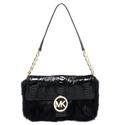 Michael Kors Black Python Embossed Leather And Faux Fur Fulton Shoulder Bag For Women