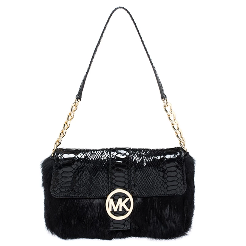 Michael Kors Black Python Embossed Leather And Faux Fur Fulton Shoulder Bag For Women