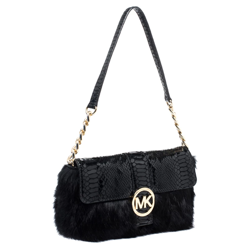 Michael Kors Black Python Embossed Leather And Faux Fur Fulton Shoulder Bag For Women - Image 3