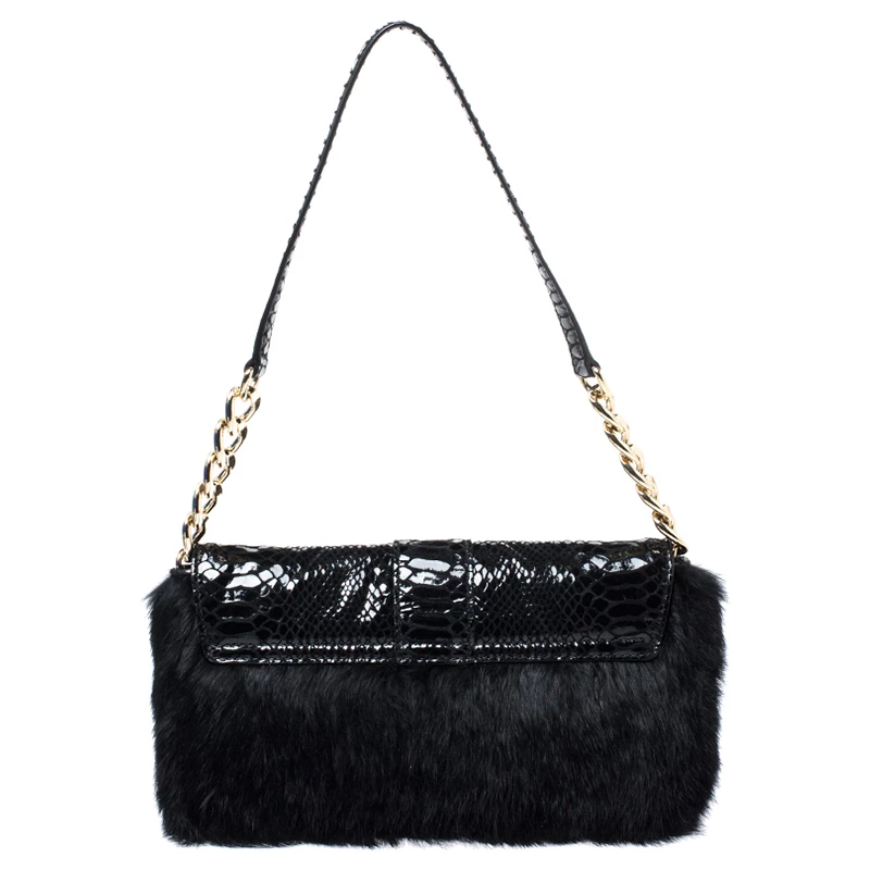 Michael Kors Black Python Embossed Leather And Faux Fur Fulton Shoulder Bag For Women - Image 4