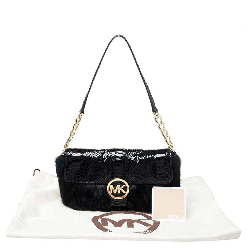 Michael Kors Black Python Embossed Leather And Faux Fur Fulton Shoulder Bag For Women - Image 10