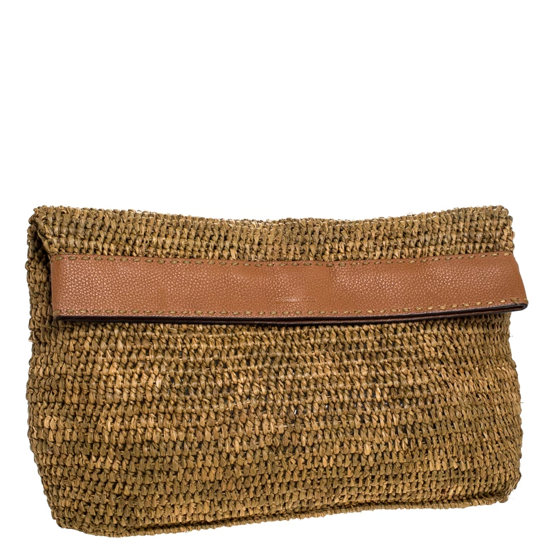 Michael Kors Brown Raffia And Leather Santorini Fold Over Clutch For Women - Image 3
