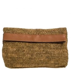 Michael Kors Brown Raffia And Leather Santorini Fold Over Clutch For Women