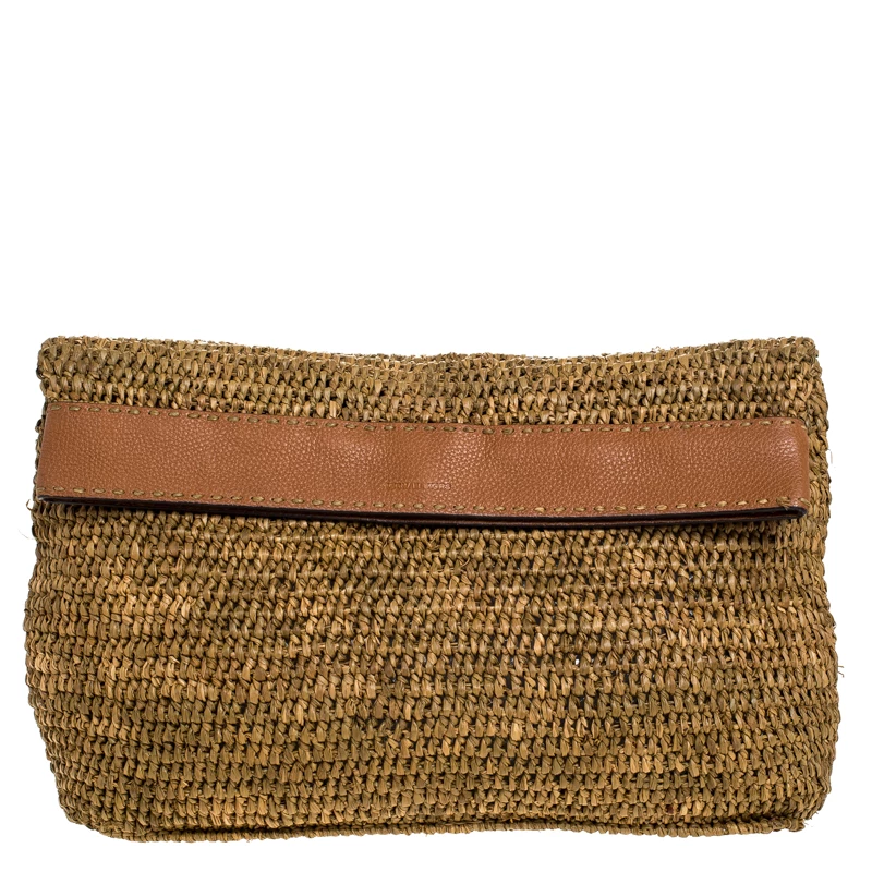 Michael Kors Brown Raffia And Leather Santorini Fold Over Clutch For Women