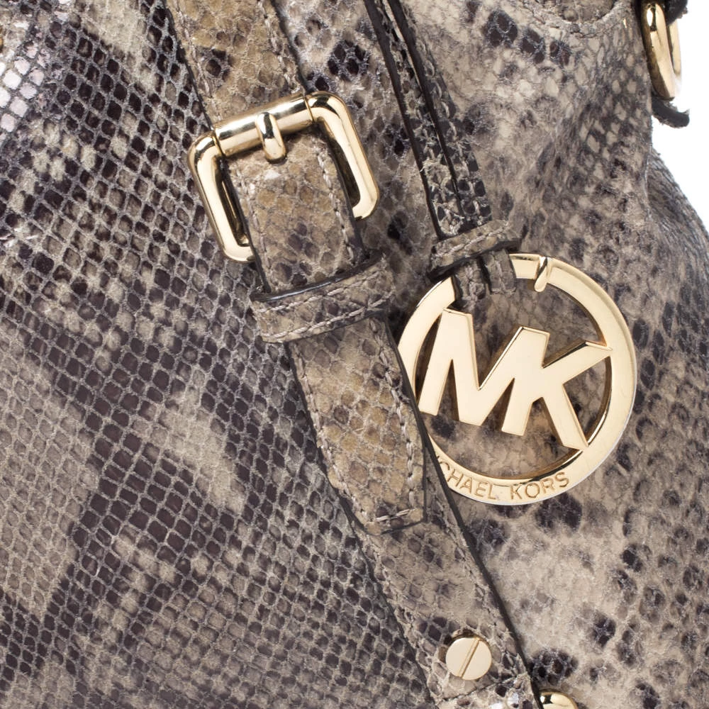 MICHAEL Michael Kors Green/Beige Python Embossed Leather Bedford Satchel For Women - Image 5