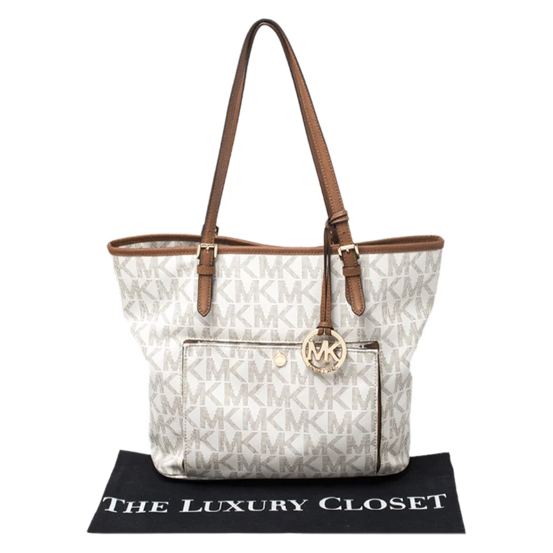 Michael Kors Off White Signature Coated Canvas Jet Set Snap Pocket Tote For Women - Image 9