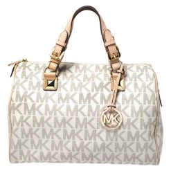 MICHAEL Michael Kors Ivory/Beige Signature Coated Canvas And Leather Grayson Boston Bag For Women