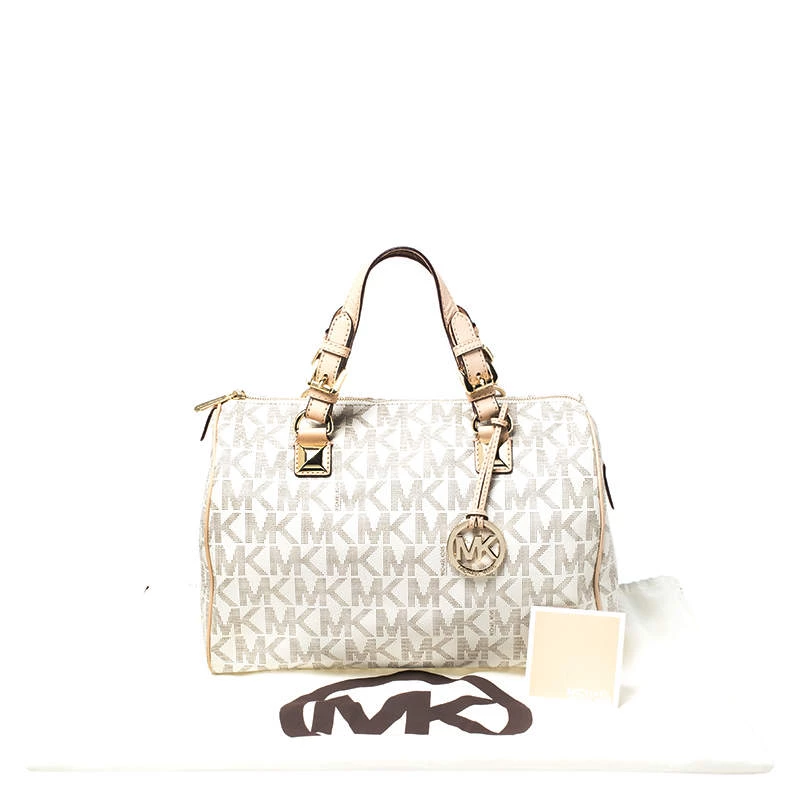 MICHAEL Michael Kors Ivory/Beige Signature Coated Canvas And Leather Grayson Boston Bag For Women - Image 9