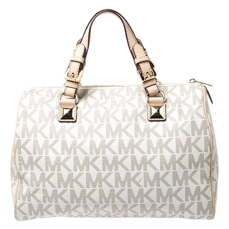 MICHAEL Michael Kors Ivory/Beige Signature Coated Canvas And Leather Grayson Boston Bag For Women - Image 4