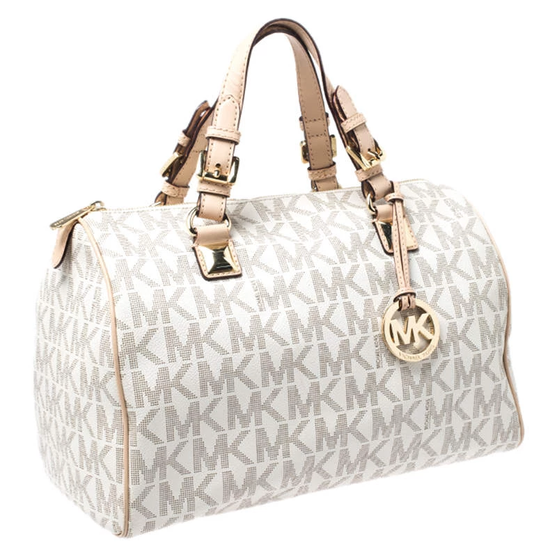 MICHAEL Michael Kors Ivory/Beige Signature Coated Canvas And Leather Grayson Boston Bag For Women - Image 3