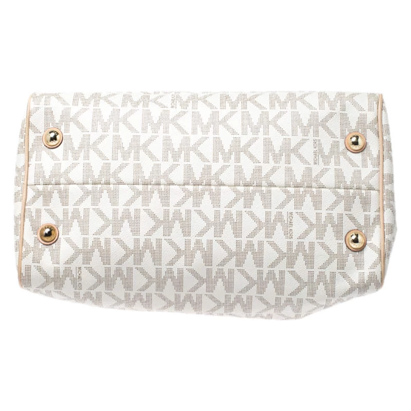 MICHAEL Michael Kors Ivory/Beige Signature Coated Canvas And Leather Grayson Boston Bag For Women - Image 6