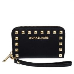 Michael Kors Black Saffiano Leather Studded Selma Wristlet Wallet For Women