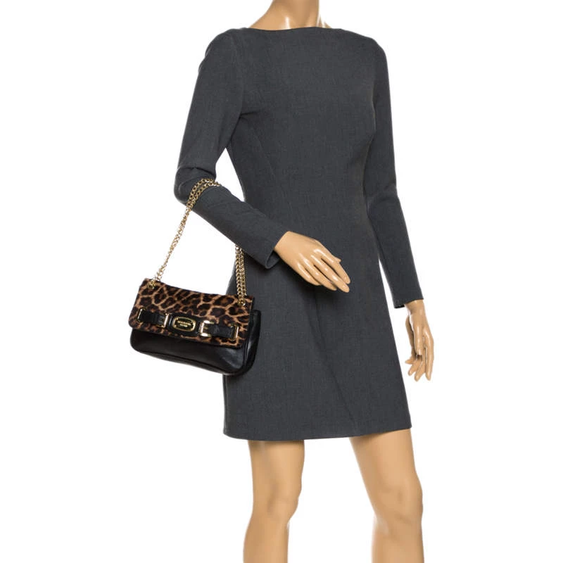 MICHAEL Michael Kors Black Leopard Print Calfhair And Leather Buckle Flap Shoulder Bag For Women - Image 2