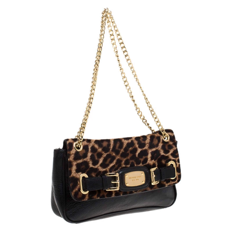 MICHAEL Michael Kors Black Leopard Print Calfhair And Leather Buckle Flap Shoulder Bag For Women - Image 3
