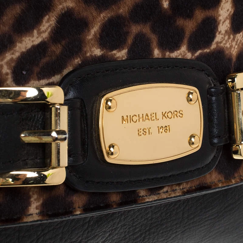 MICHAEL Michael Kors Black Leopard Print Calfhair And Leather Buckle Flap Shoulder Bag For Women - Image 5