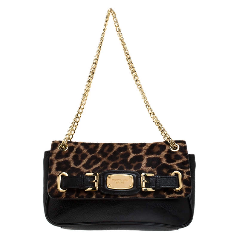 MICHAEL Michael Kors Black Leopard Print Calfhair And Leather Buckle Flap Shoulder Bag For Women