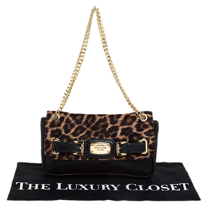 MICHAEL Michael Kors Black Leopard Print Calfhair And Leather Buckle Flap Shoulder Bag For Women - Image 9