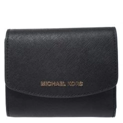 Michael Kors Black Leather Short Jet Set Trifold Wallet For Women
