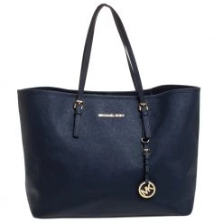 Michael Kors Navy Blue Leather Jet Set Travel Tote For Women