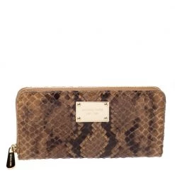 Michael Kors Brown Python Effect Leather Jet Set Zip Around Wallet For Women