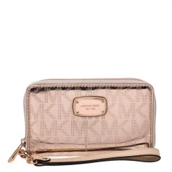 Michael Kors Metallic Rose Gold Logo Patent Leather Small Wristlet Wallet For Women