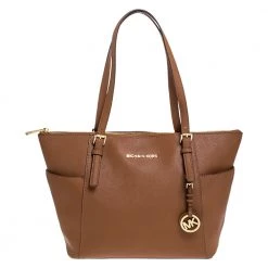 Michael Michael Kors Brown Saffiano Leather Jet Set Top Zip Tote For Women