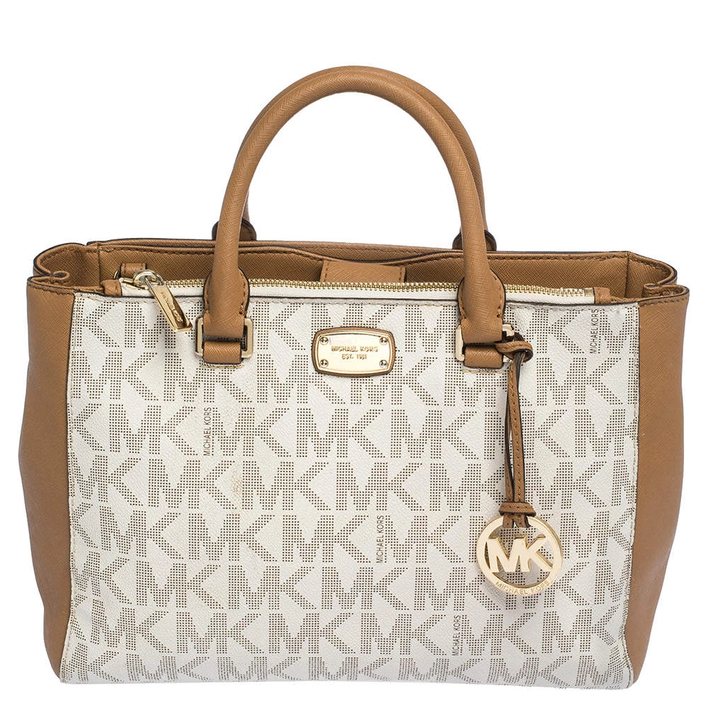 MICHAEL Michael Kors Beige/Tan Monogram Coated Canvas And Leather Tote For Women