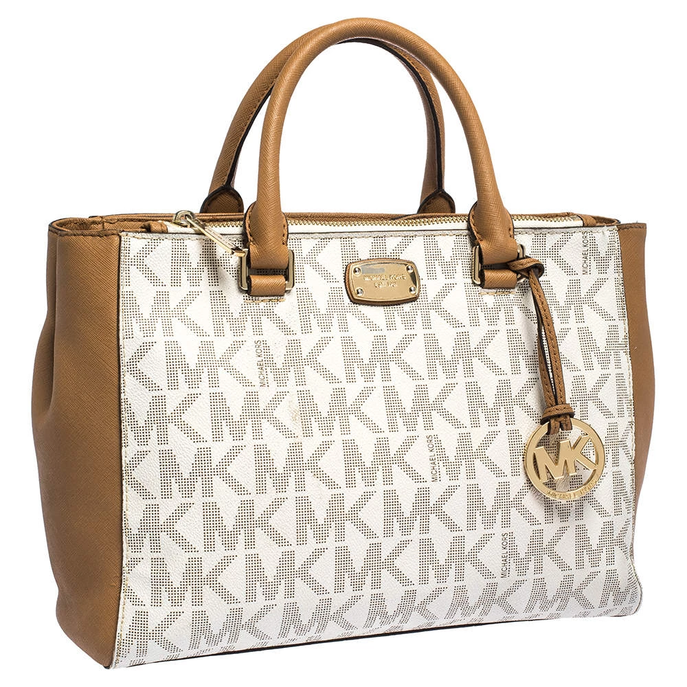 MICHAEL Michael Kors Beige/Tan Monogram Coated Canvas And Leather Tote For Women - Image 3