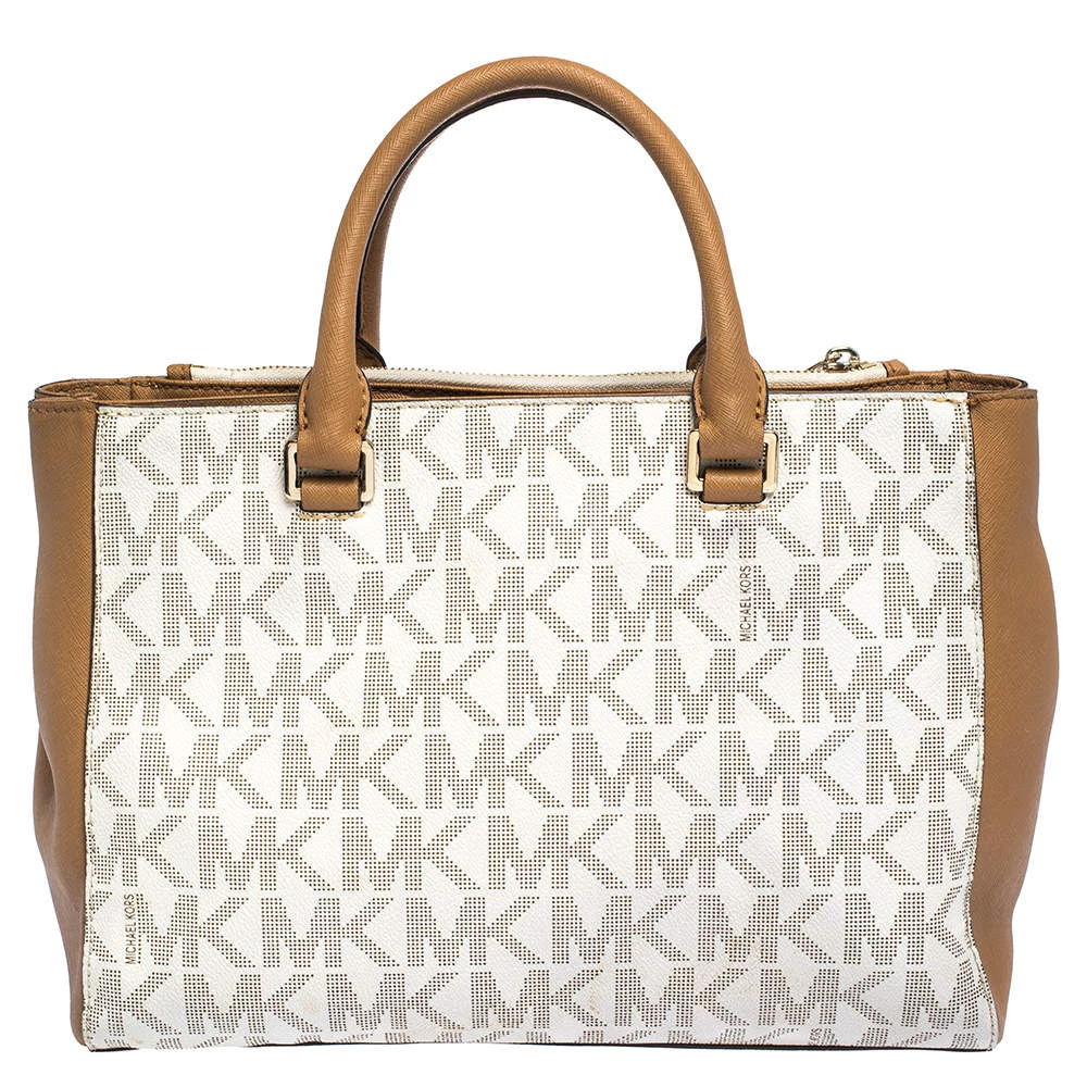MICHAEL Michael Kors Beige/Tan Monogram Coated Canvas And Leather Tote For Women - Image 4