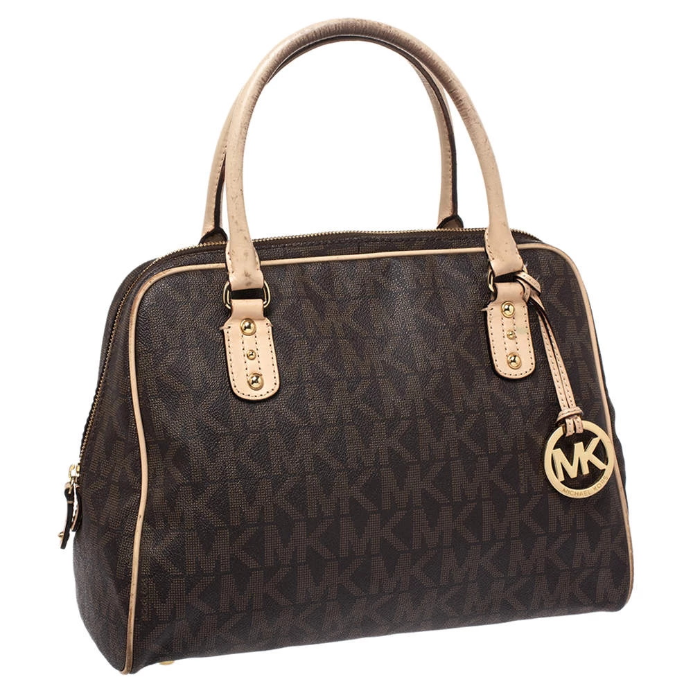 MICHAEL Michael Kors Brown Coated Canvas And Leather Cindy Dome Satchel For Women - Image 3