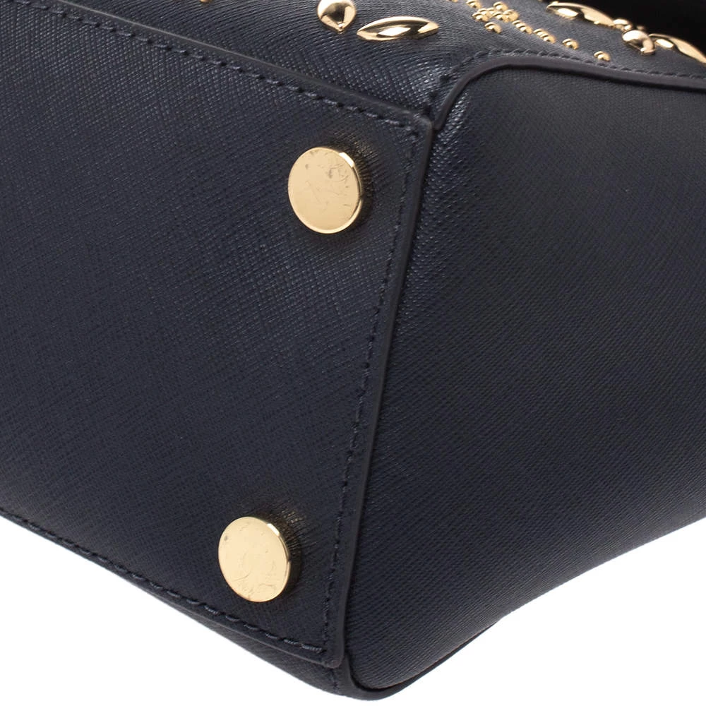 Michael Kors Navy Blue Studded Leather Medium Ava Top Handle Bag For Women - Image 10