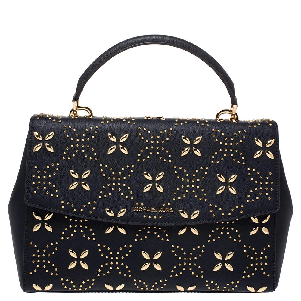 Michael Kors Navy Blue Studded Leather Medium Ava Top Handle Bag For Women