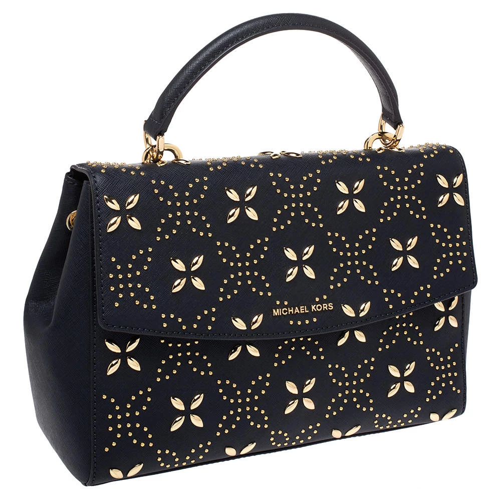 Michael Kors Navy Blue Studded Leather Medium Ava Top Handle Bag For Women - Image 3