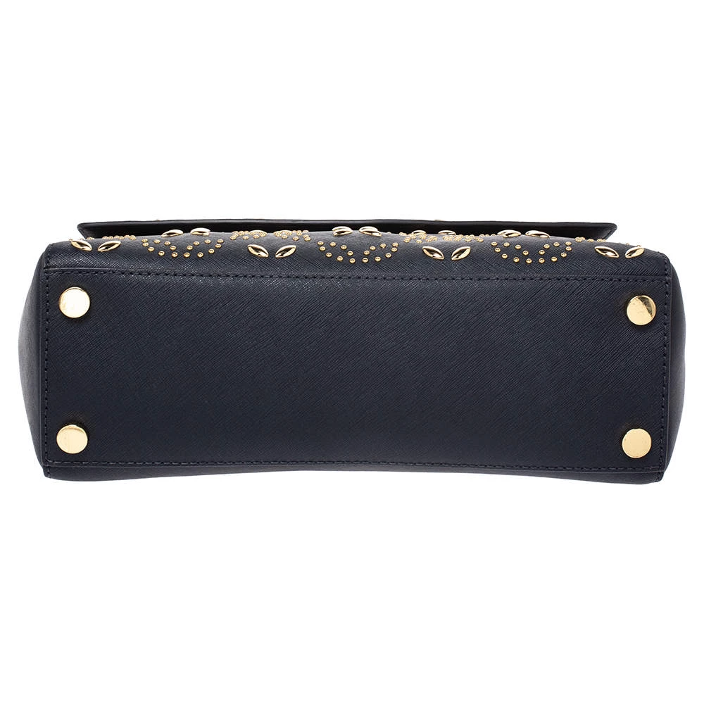 Michael Kors Navy Blue Studded Leather Medium Ava Top Handle Bag For Women - Image 6