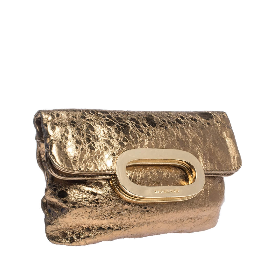 Michael Kors Metallic Gold Leather Fold Over Clutch For Women - Image 3