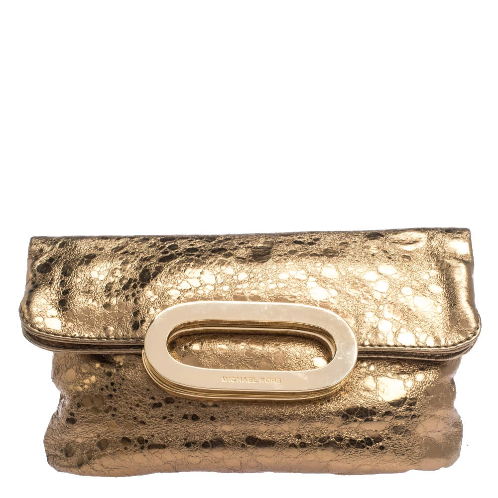 Michael Kors Metallic Gold Leather Fold Over Clutch For Women